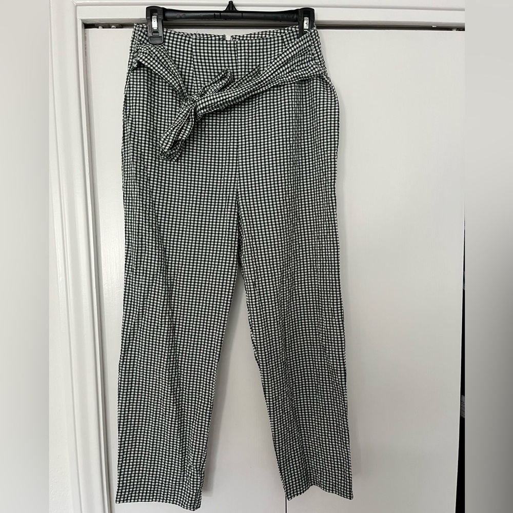 Free People Green Gingham cropped pants with tie detail